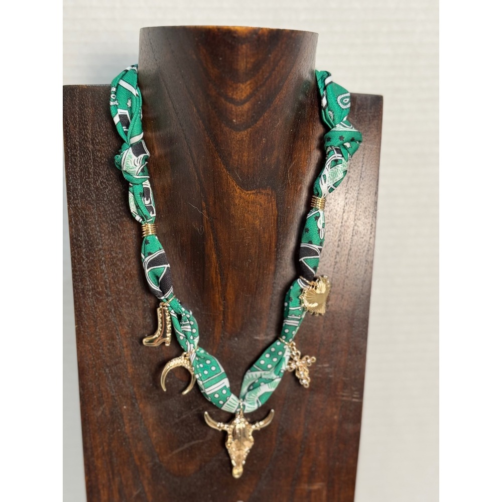 Western Bull‎ Skull Boot Crescent Moon Charm Scarf Necklace Green Black White